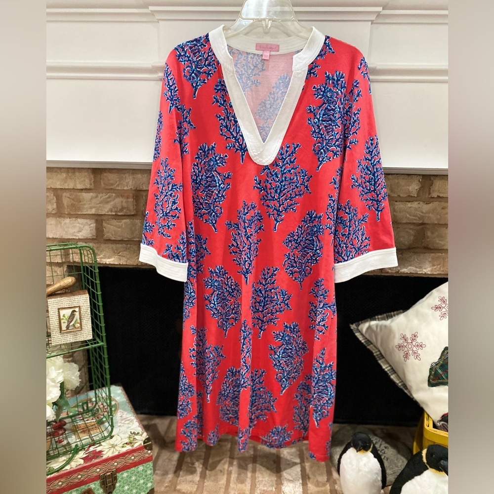 Lilly Pulitzer Coral Dress with Blue Floral Print and White Trim